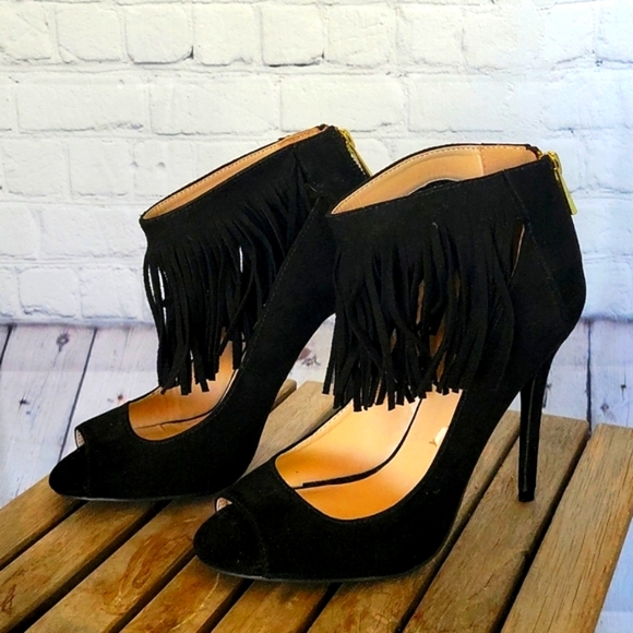 Black Suede Fringe Heel - Picture 3 of 5